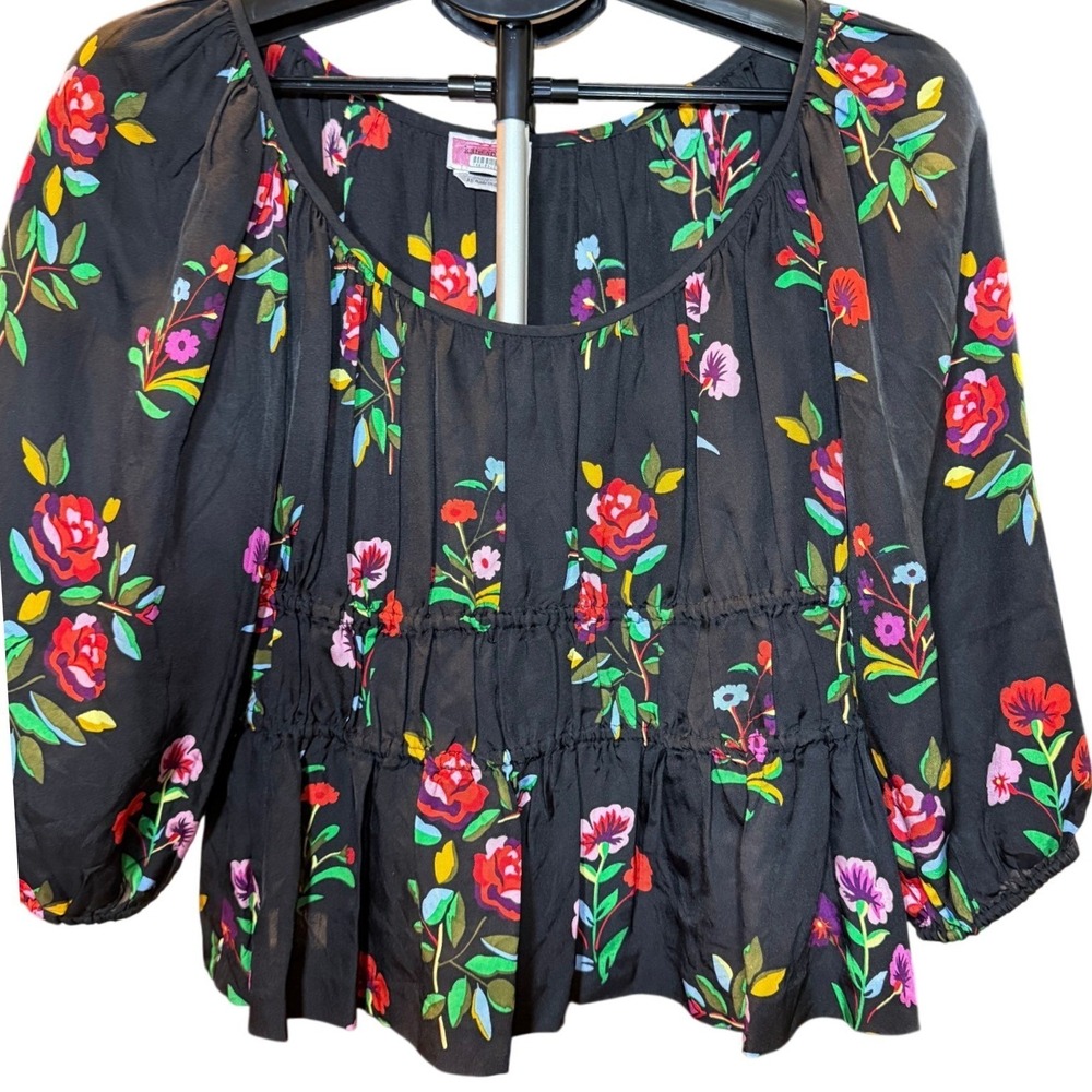 Kate Spade New York Floral Peplum Top Black Pink Rose Puff Sleeve XS Blouse